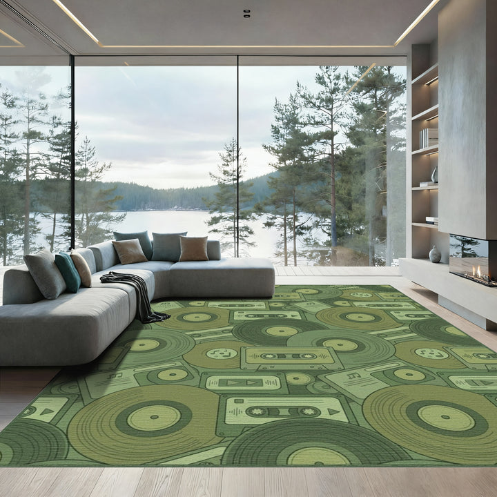 Retro Vinyl Cassette Tape Collage Rug