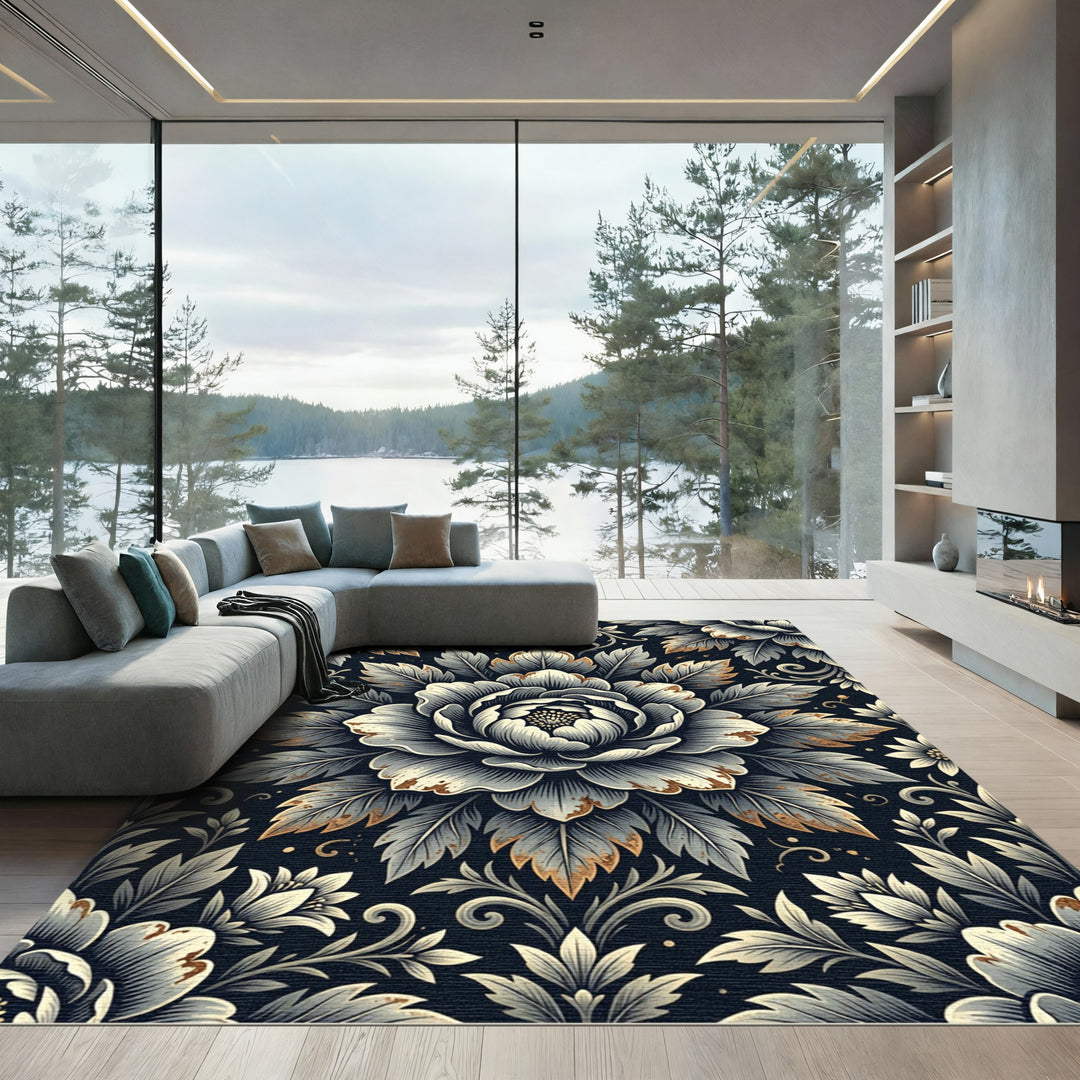 Elegant Black Floral Medallion Aura Rug