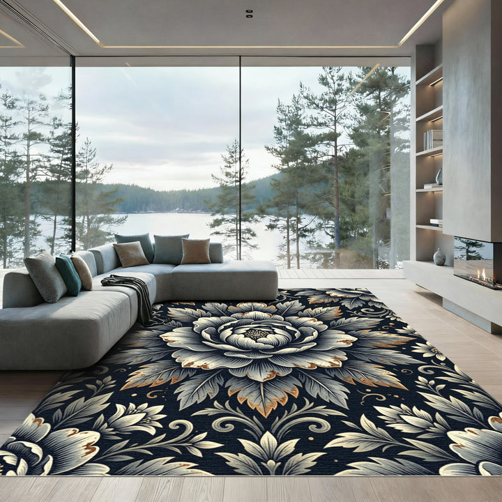 Elegant Black Floral Medallion Aura Rug