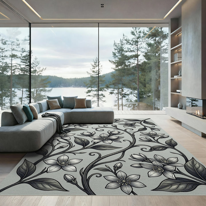 Elegant Silver Floral Vine Rug