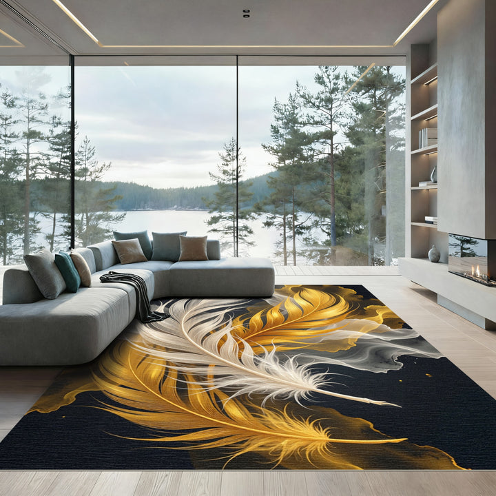 Elegant Gold White Feather Swirl Rug