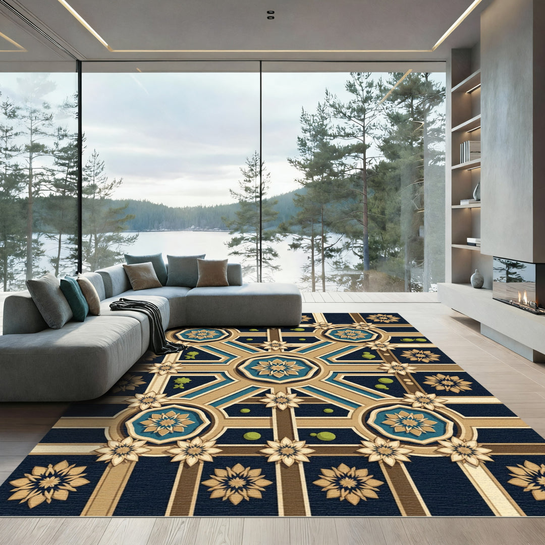 Geometric Medallion Blue Gold Rug