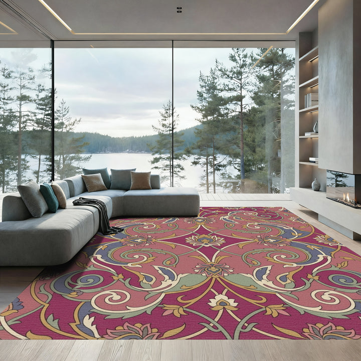 Deep Plum Floral Scrollwork Art Rug