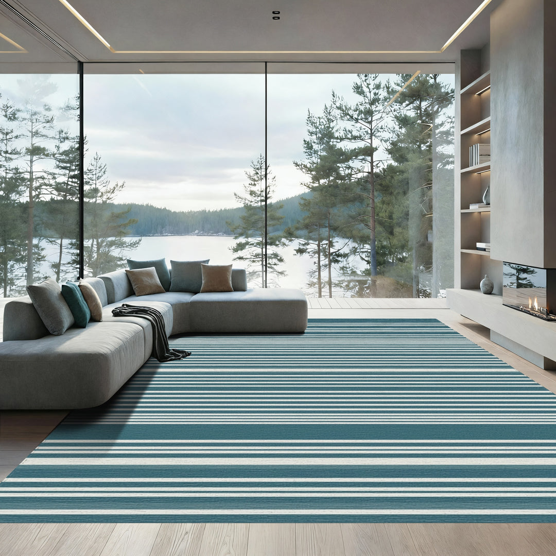 Deep Teal White Subtle Stripe Rug