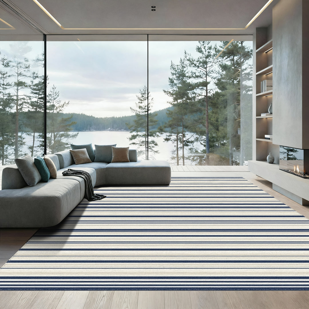 Navy Beige Thin Stripe Rug