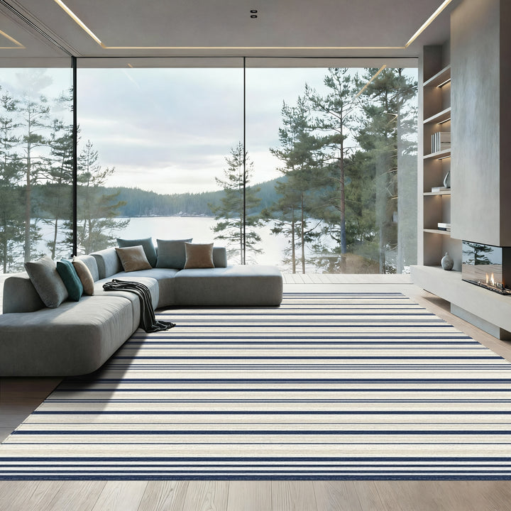 Navy Beige Thin Stripe Rug