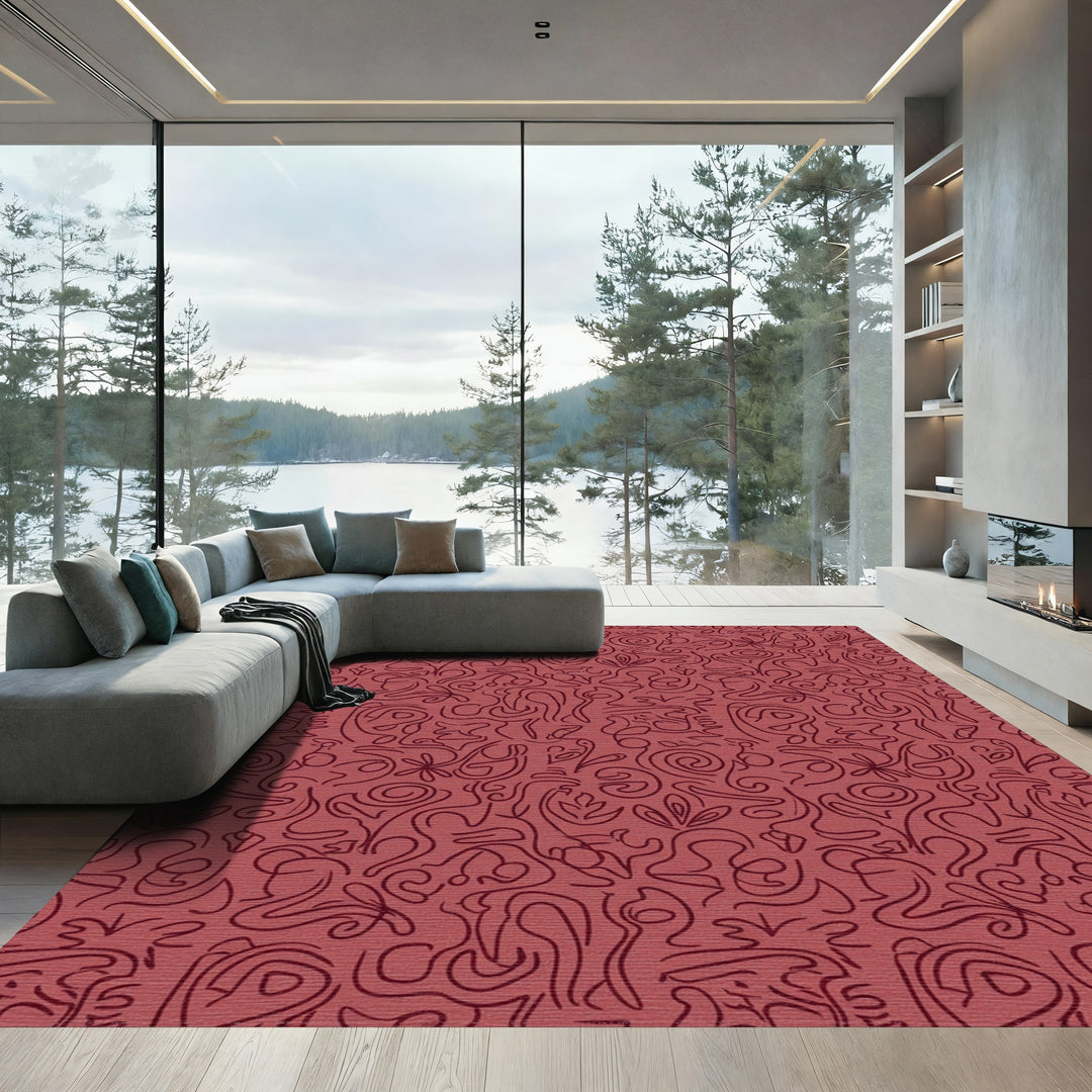 Muted Red Abstract Figure Line Weave Rug