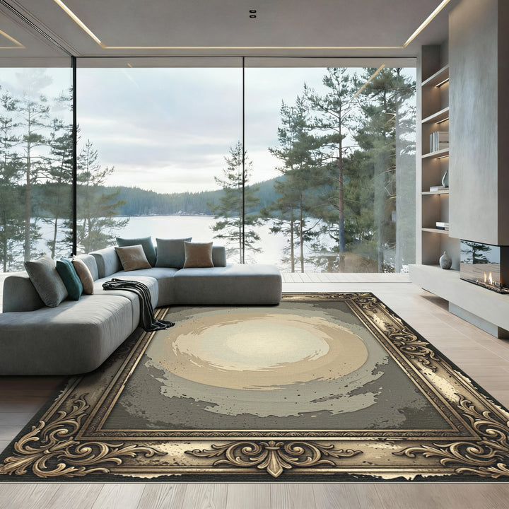Ornate Golden Swirl Abstract Rug
