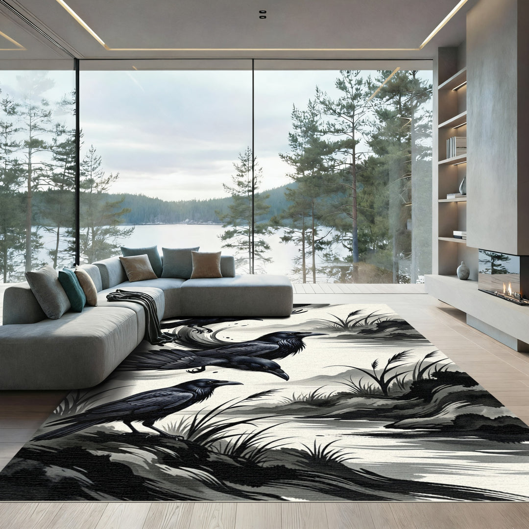 Black Ravens Ink Wash Landscape Rug