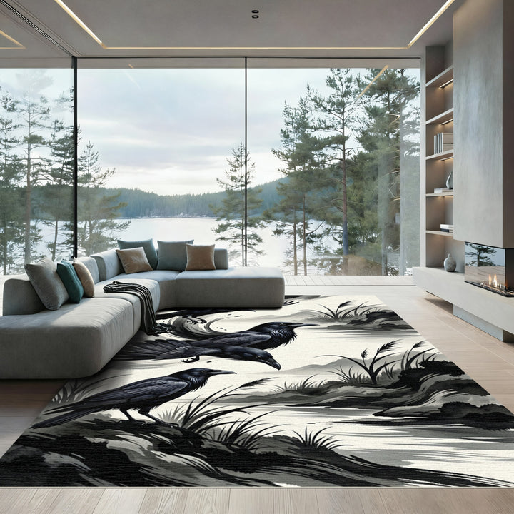 Black Ravens Ink Wash Landscape Rug