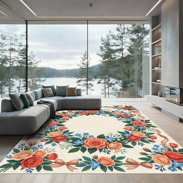 Coral Peach Rose Floral Wreath Rug