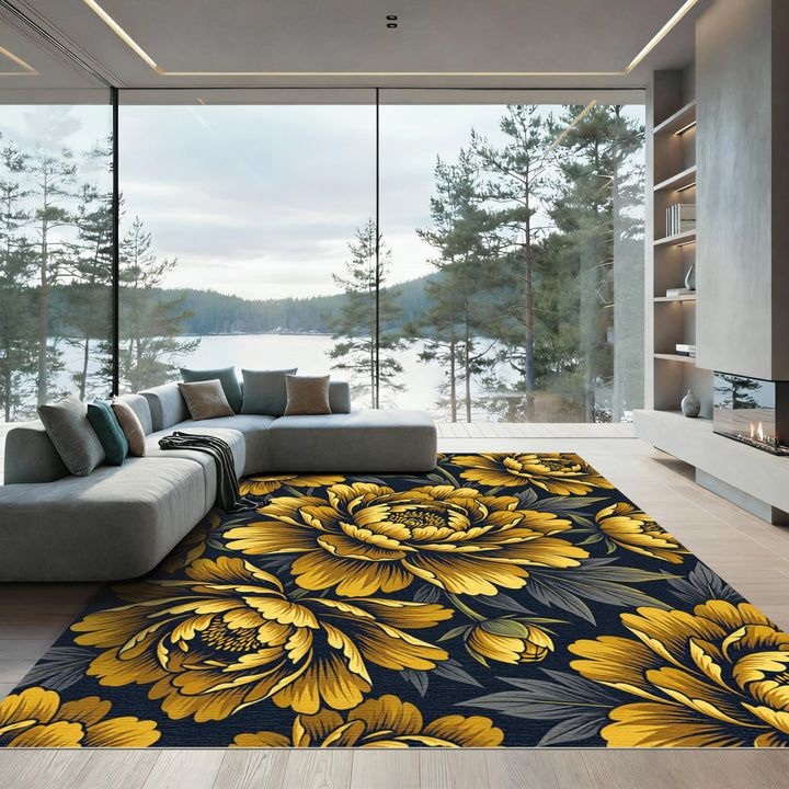 Golden Peony Floral Art Rug