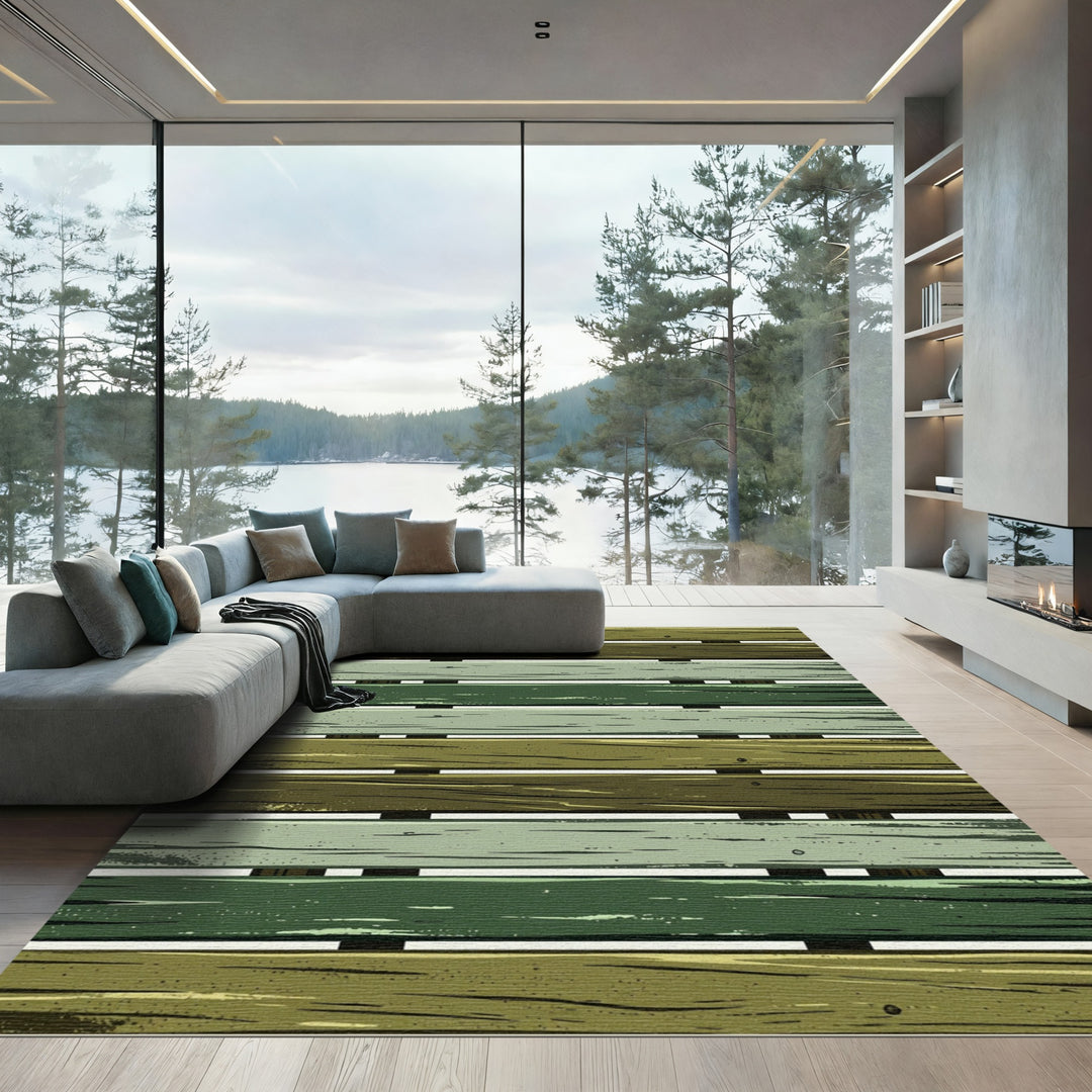 Rustic Green Weathered Wood Planks Rug