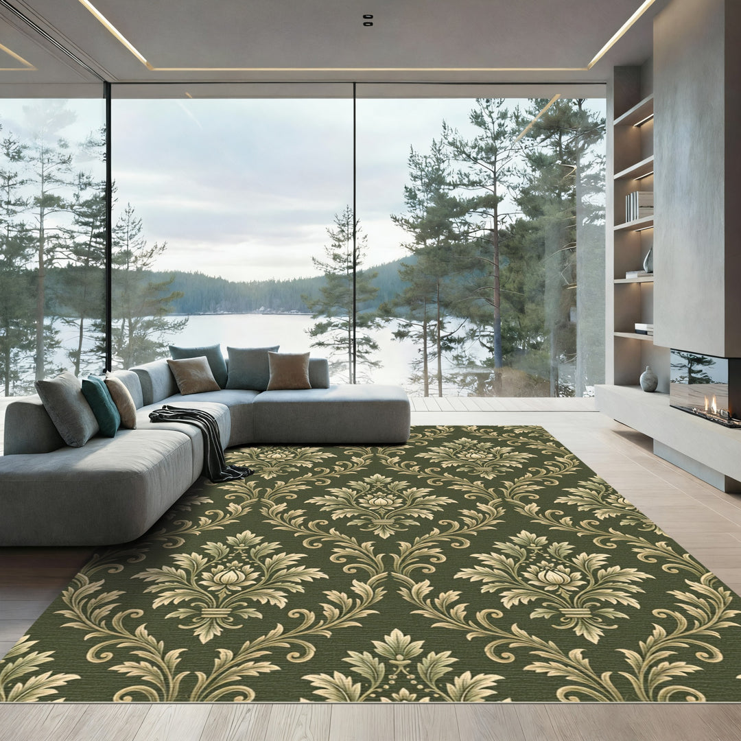 Vintage Green Floral Damask Rug