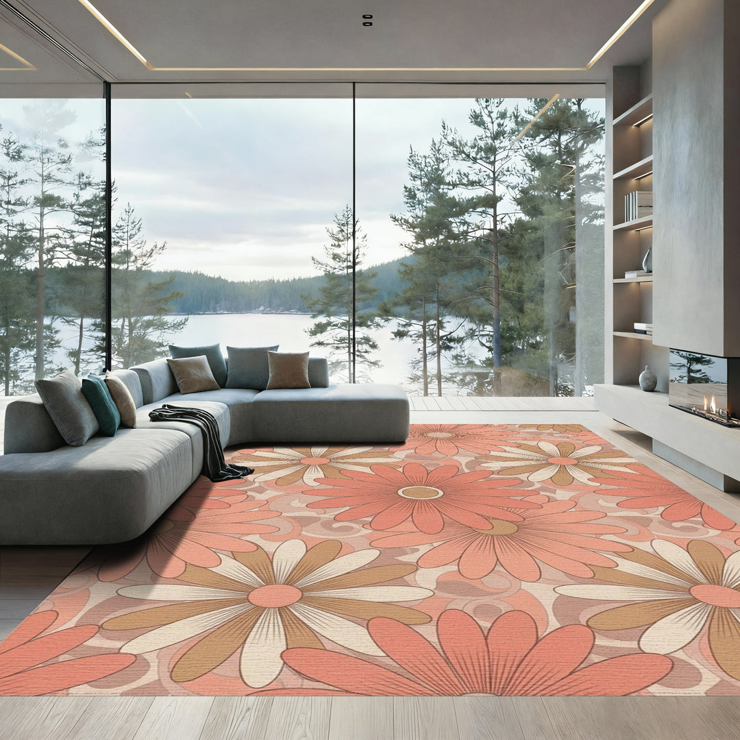 Retro Coral Daisy Swirl Rug
