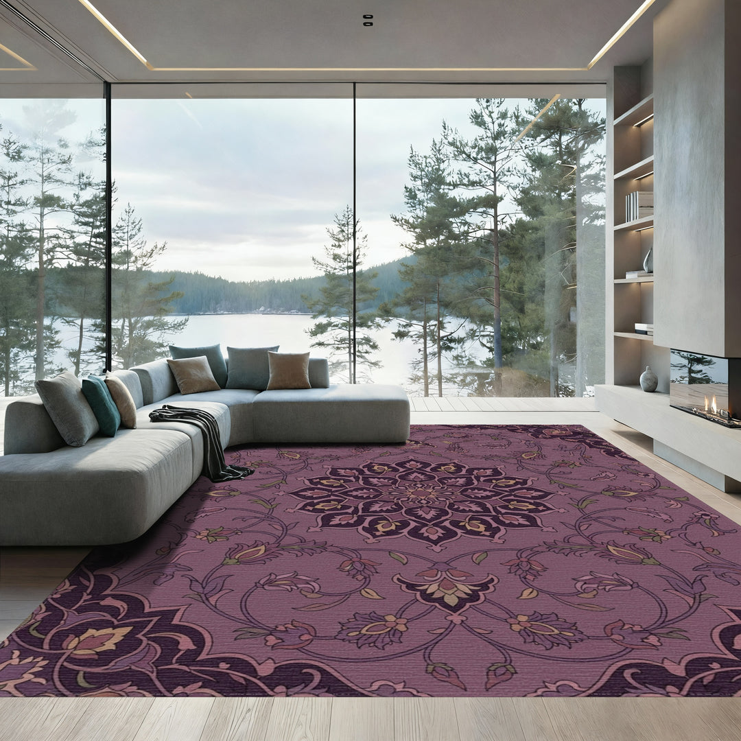 Ornate Plum Floral Medallion Tapestry Rug