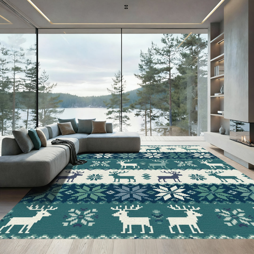 Nordic Teal Deer Snowflake Knit Rug