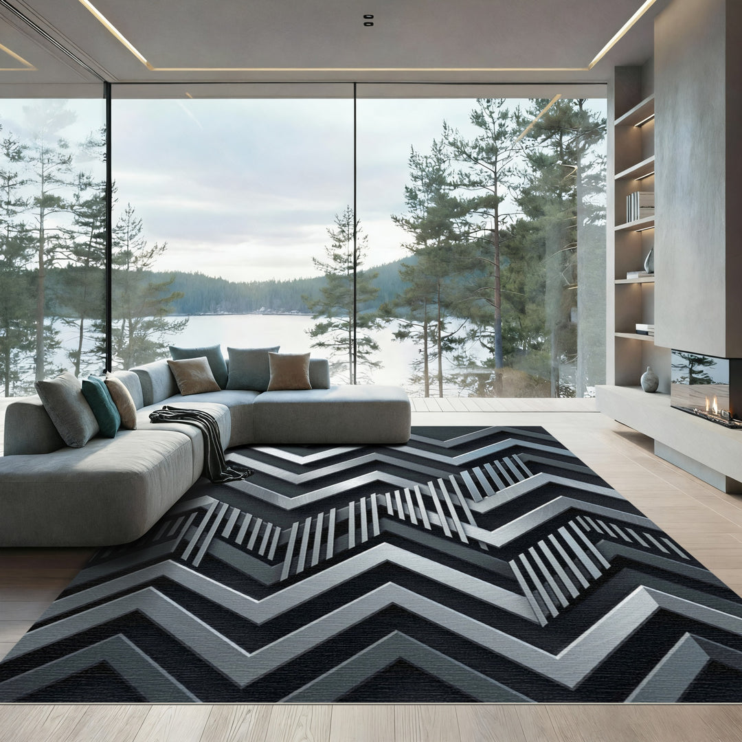 Silver Chevron Zigzag Geometric Rug