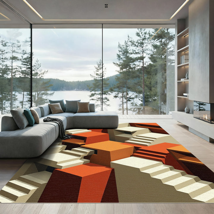 Abstract Orange Geometric Staircase Composition Rug