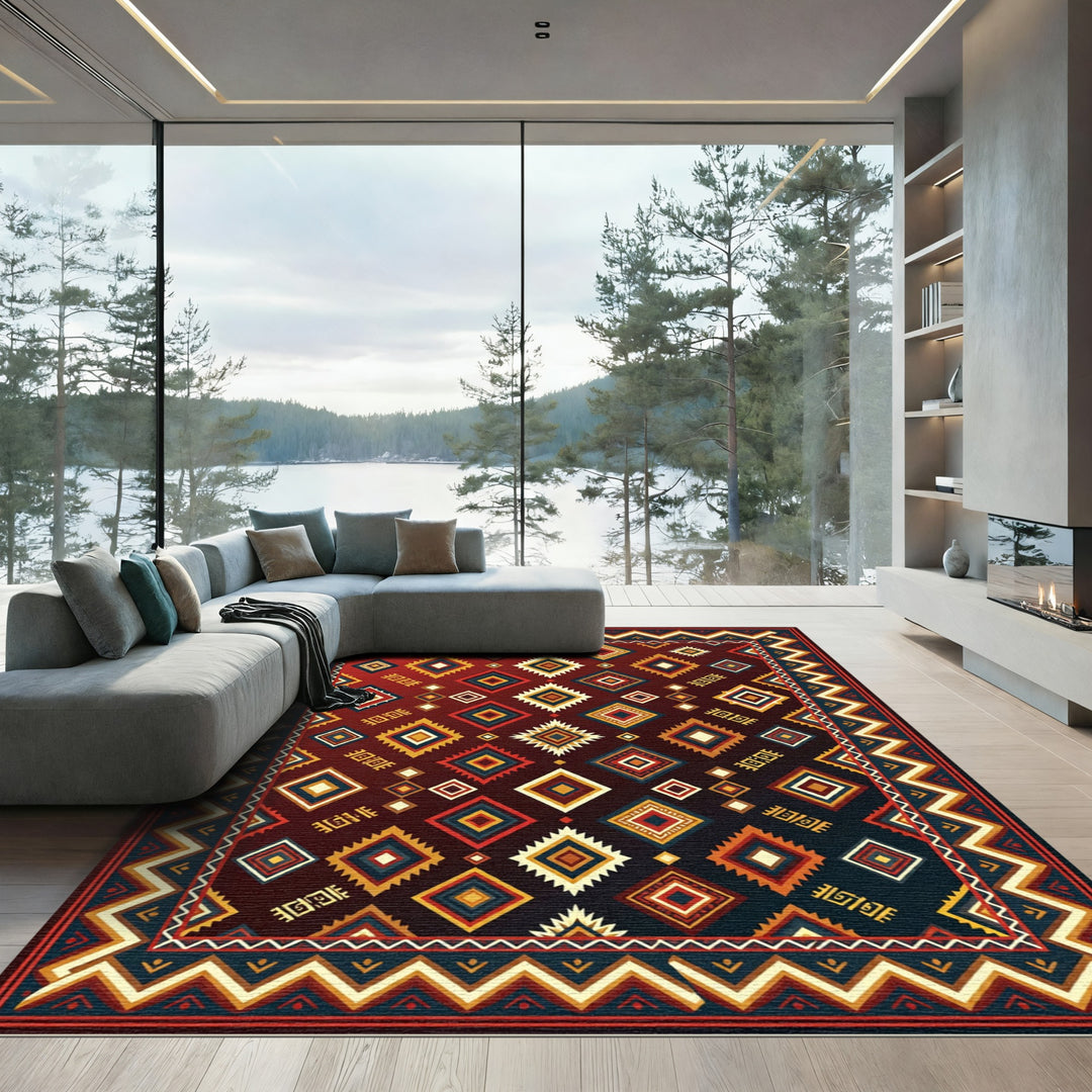 Rich Red Diamond Tribal Geometric Rug