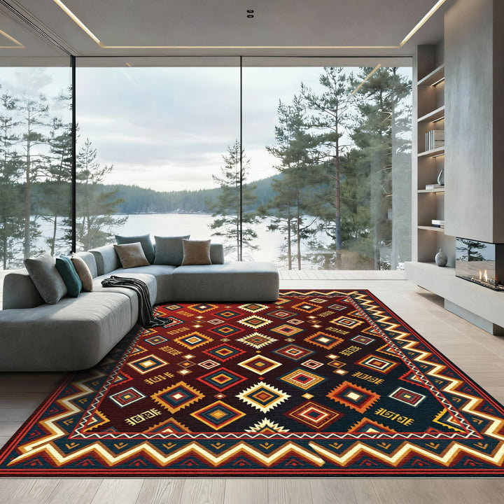 Rich Red Diamond Tribal Geometric Rug