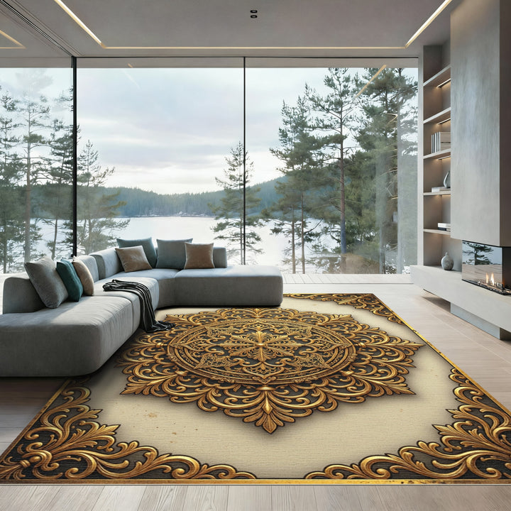 Ornate Golden Filigree Mandala Rug