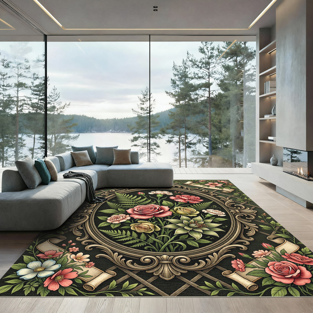 Ornate Floral Garden Oval Tapestry Rug
