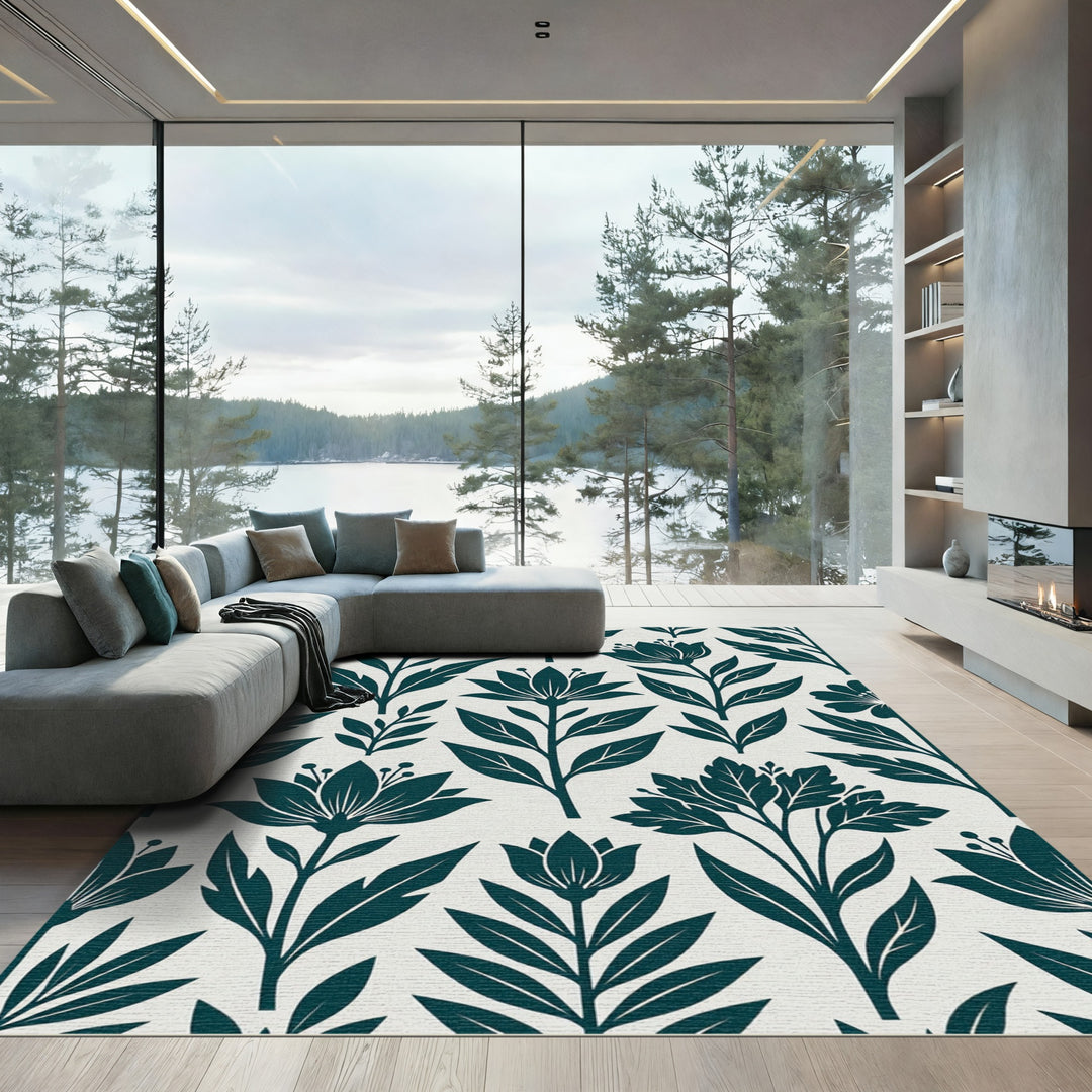 Deep Teal Floral Botanical Aesthetic Rug