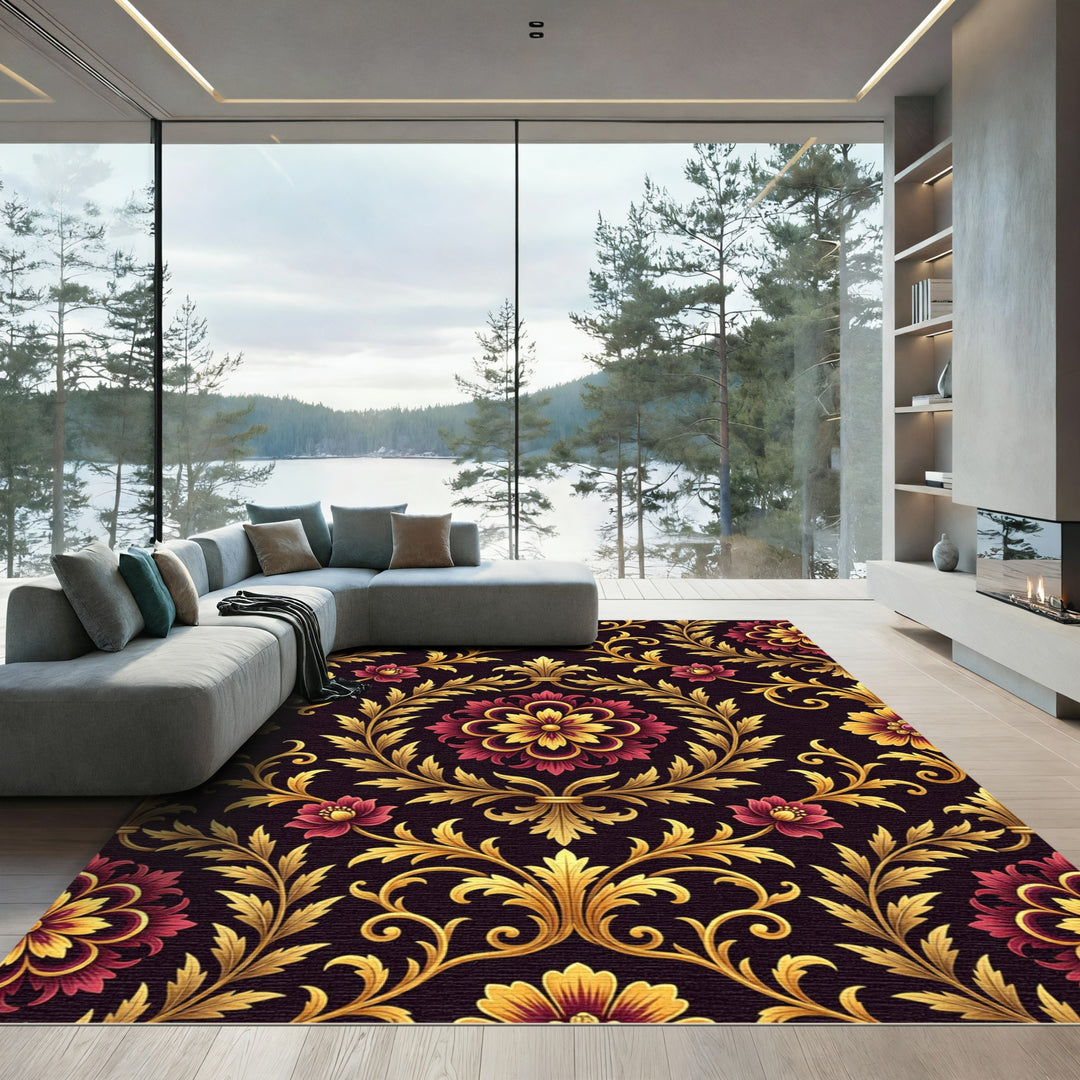 Ornate Gold Red Floral Vine Rug