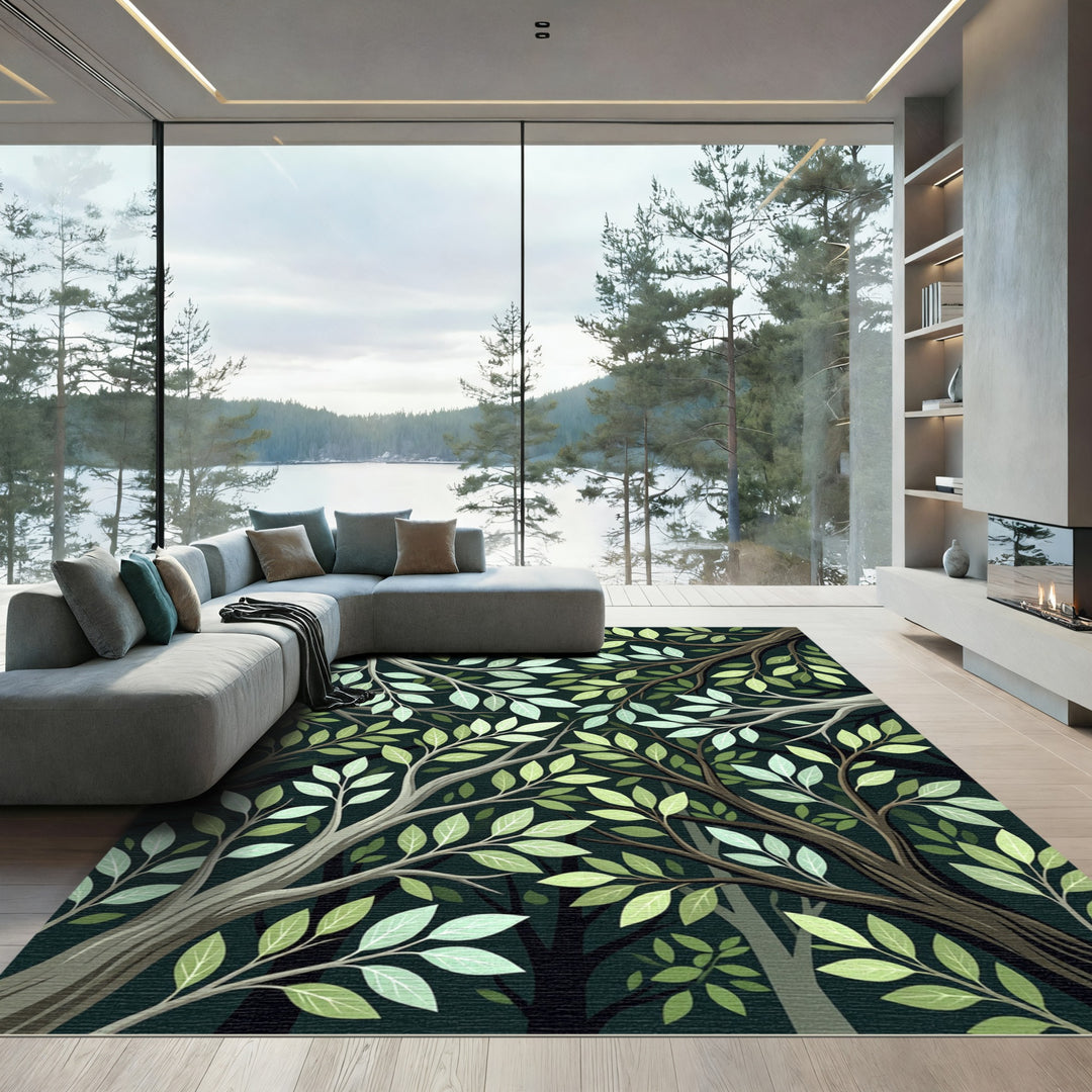 Earthy Green Tree Branch Canopy Rug