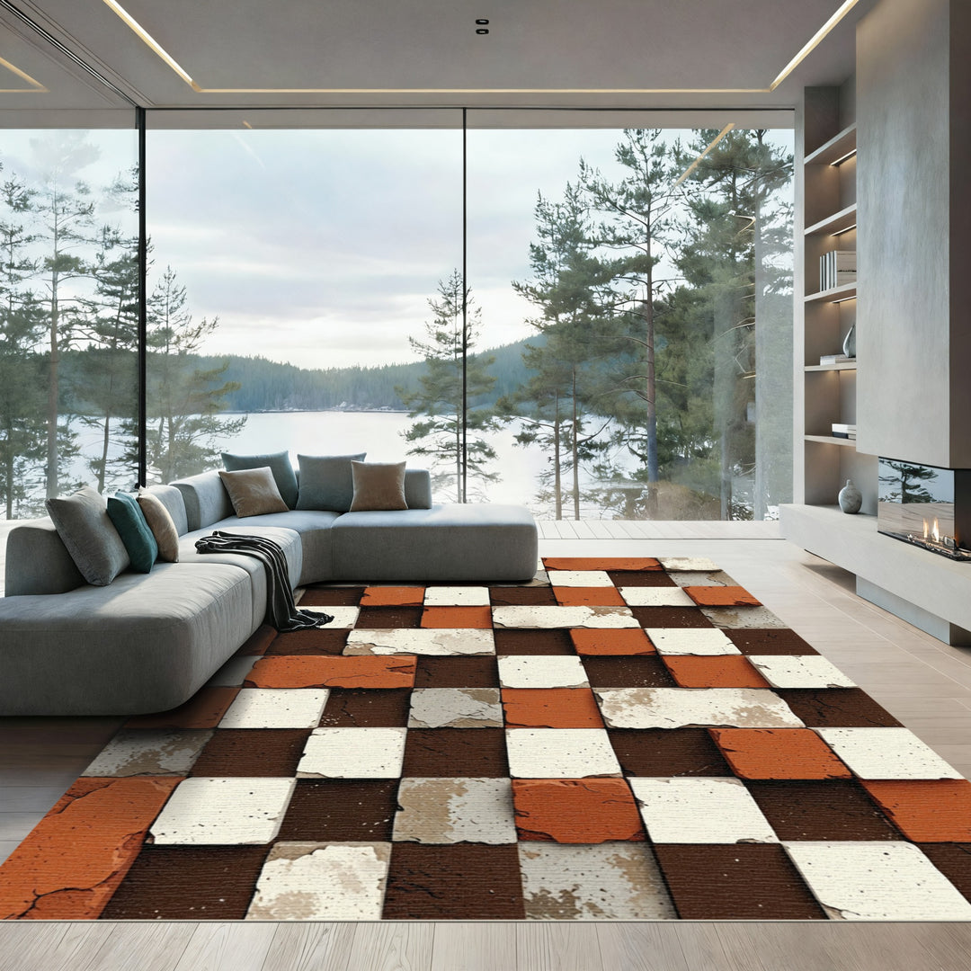 Terracotta White Brown Block Illusion Rug