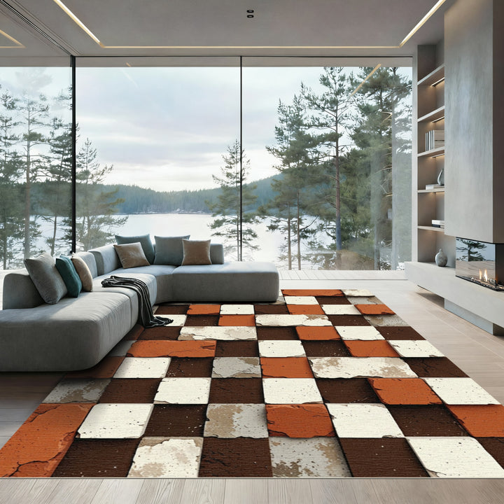 Terracotta White Brown Block Illusion Rug