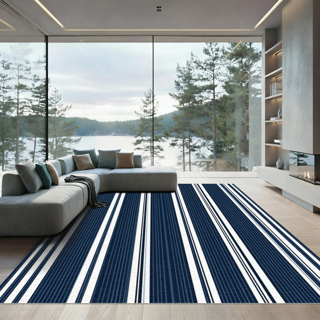 Classic Navy Blue White Stripe Rug