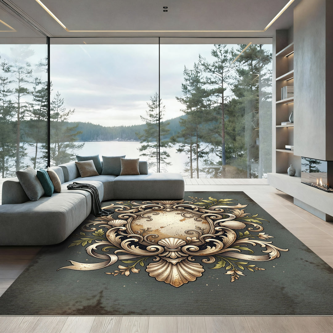 Ornate Seashell Scrollwork Emblem Rug