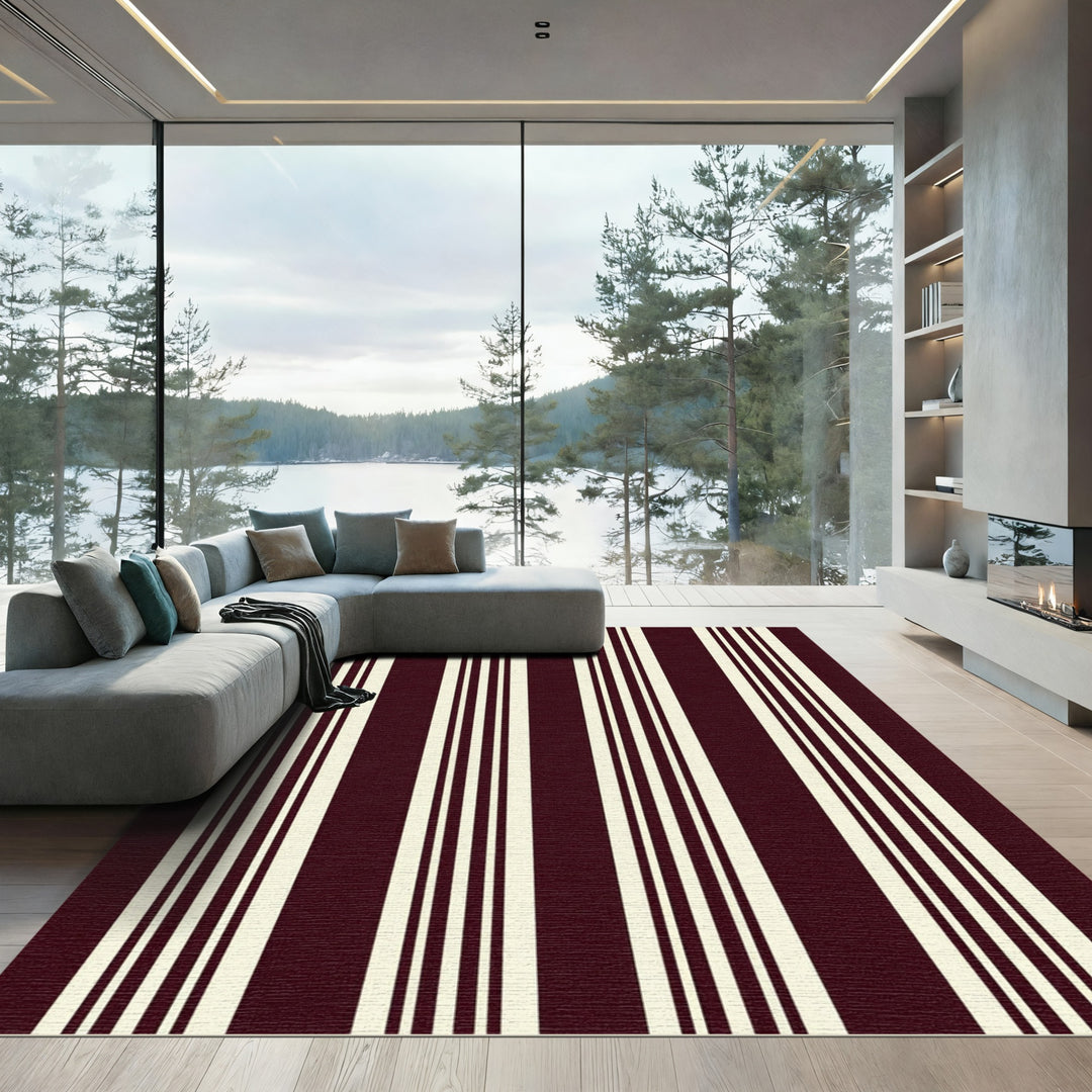 Classic Dark Burgundy Cream Stripe Rug