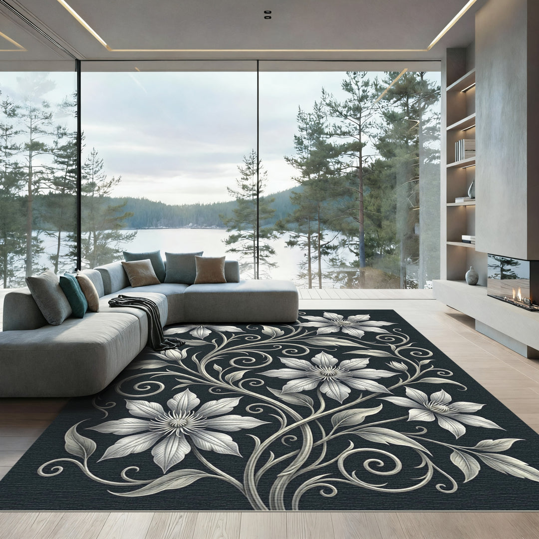 Gray White Floral Vine Swirl Rug