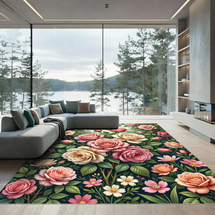 Romantic Pink Peach Rose Garden Rug