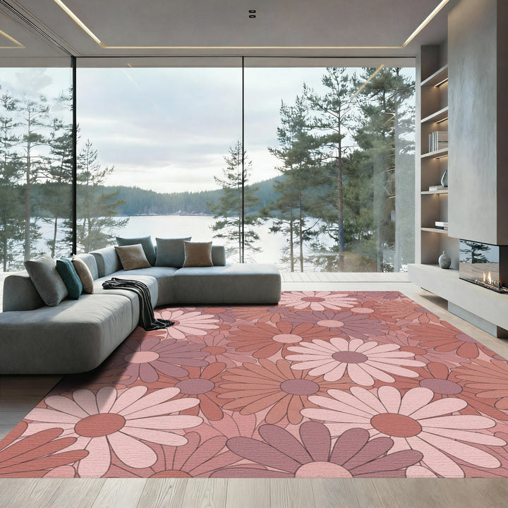 Retro Floral Blooms In Dusty Rose Rug