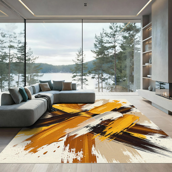 Bold Abstract Gold Brush Stroke Rug