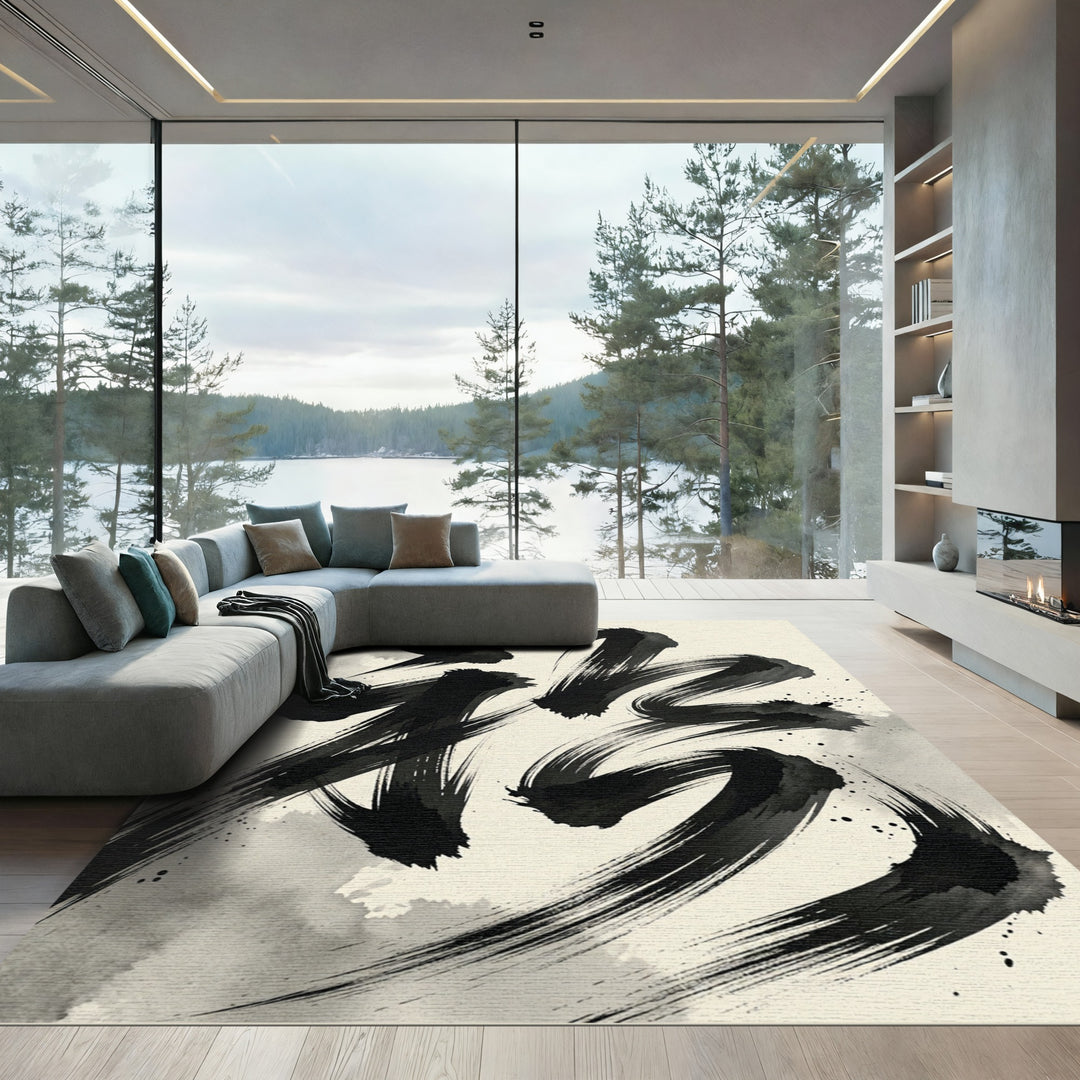 Bold Black Calligraphy Abstract Rug