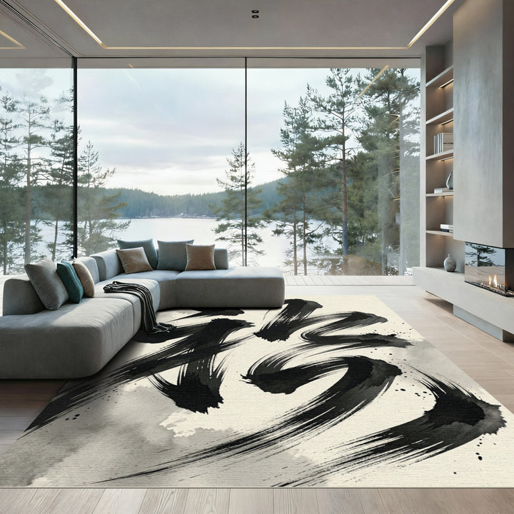 Bold Black Calligraphy Abstract Rug