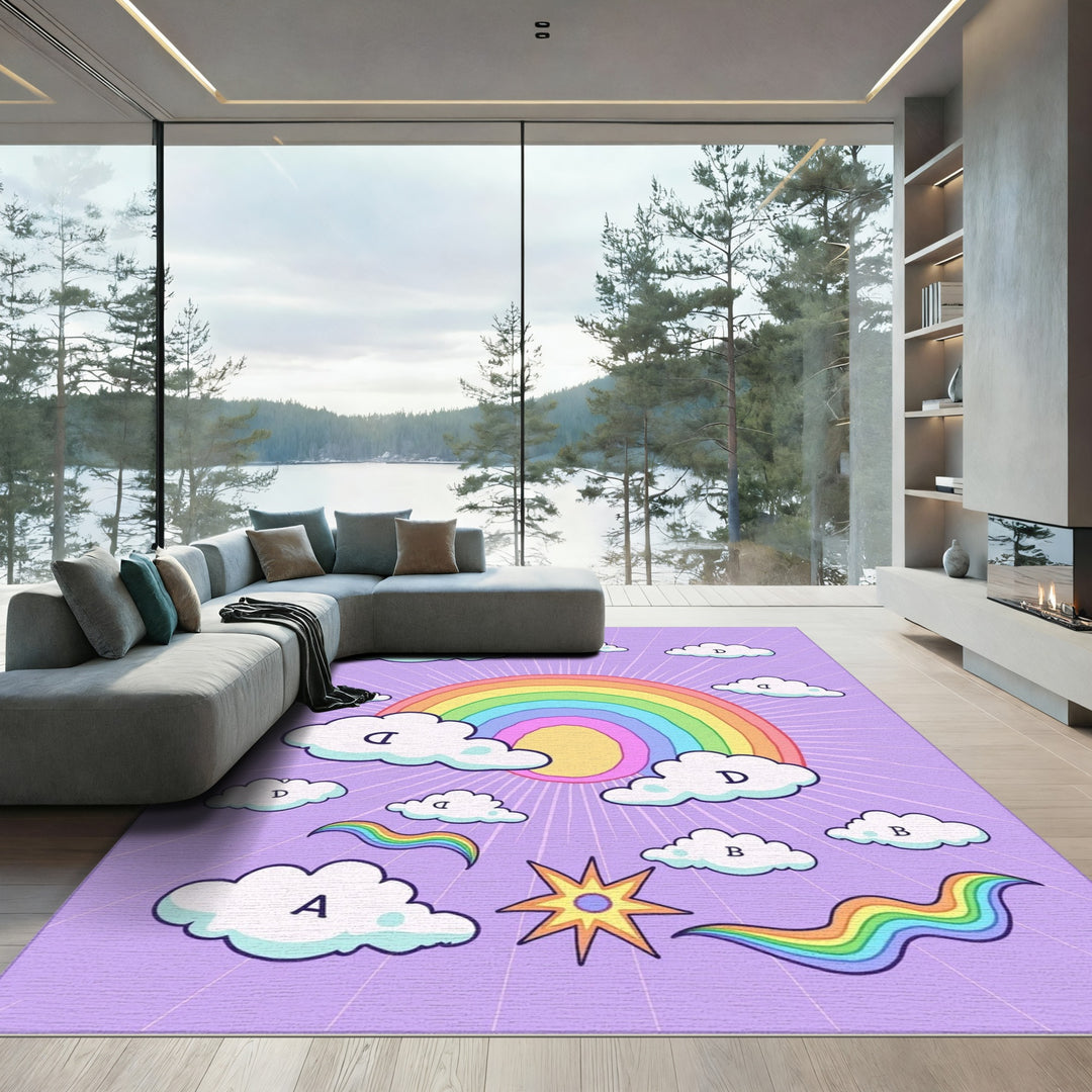 Whimsical Rainbow Sky Clouds Starburst Rug