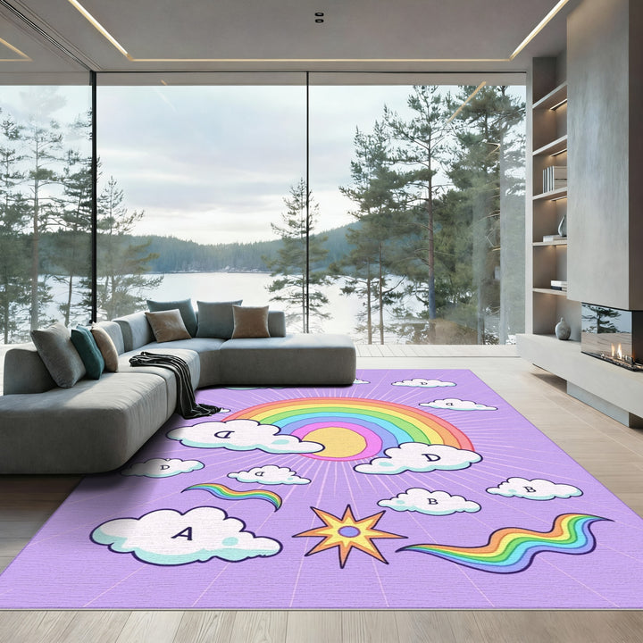 Whimsical Rainbow Sky Clouds Starburst Rug