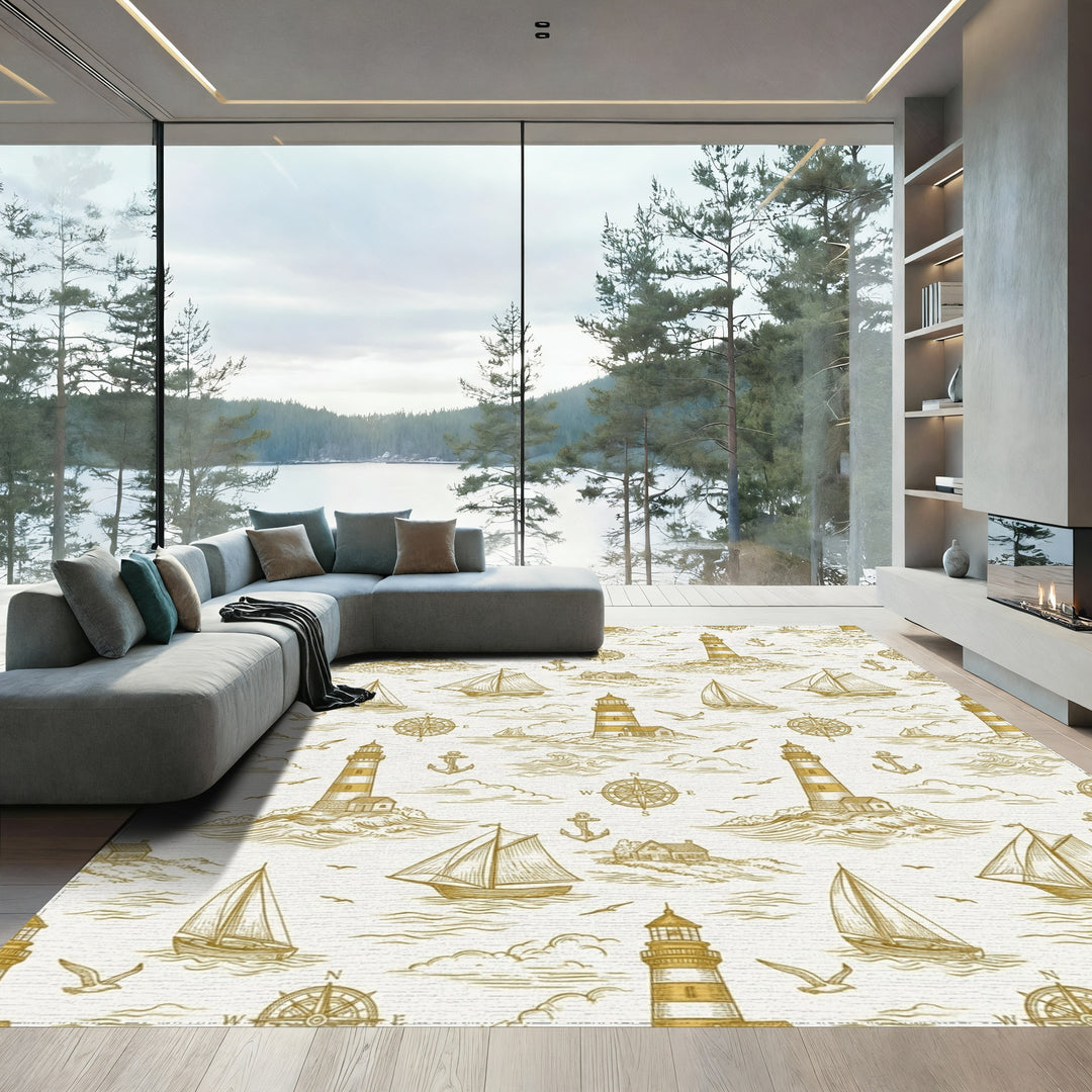 Coastal Nautical Scene Lighthouse Sailing Ships Rug