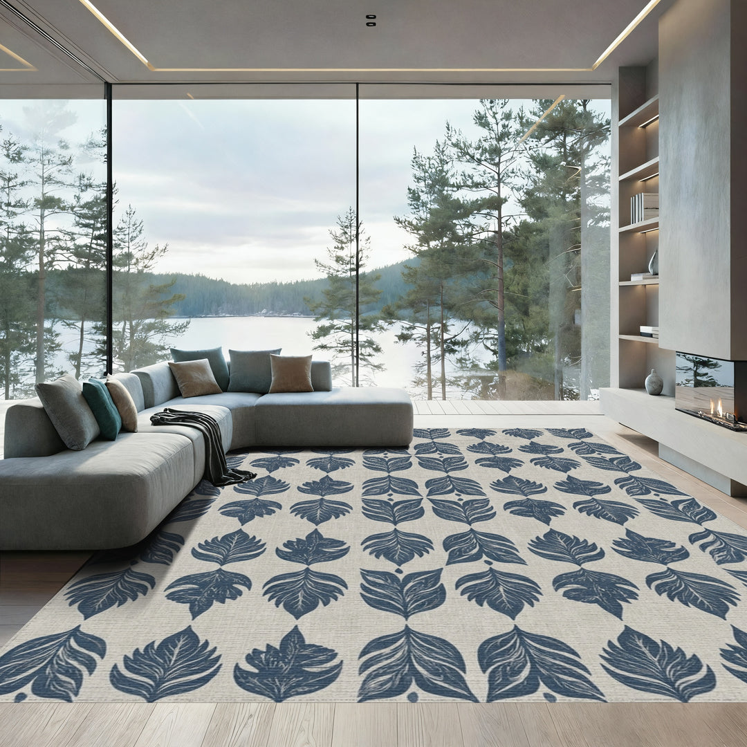 Navy Blue Leafy Imprint Repeat Rug