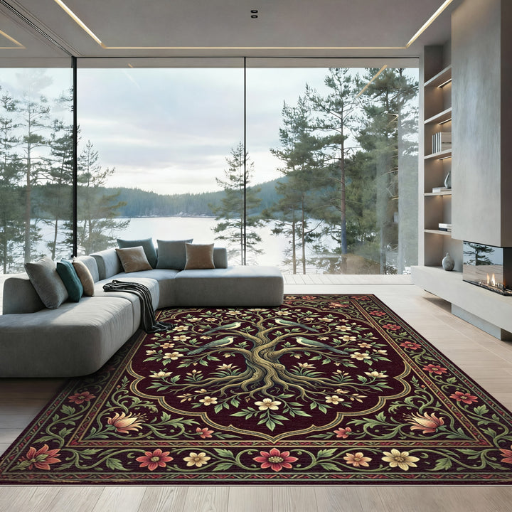 Ornate Birds Tree Burgundy Floral Rug