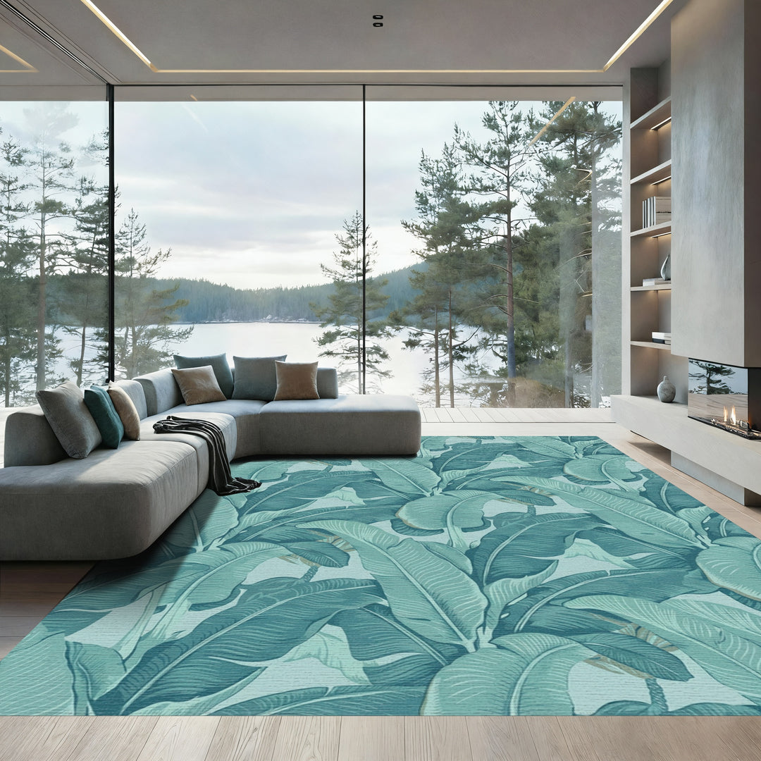 Tropical Teal Banana Leaf Lush Rug