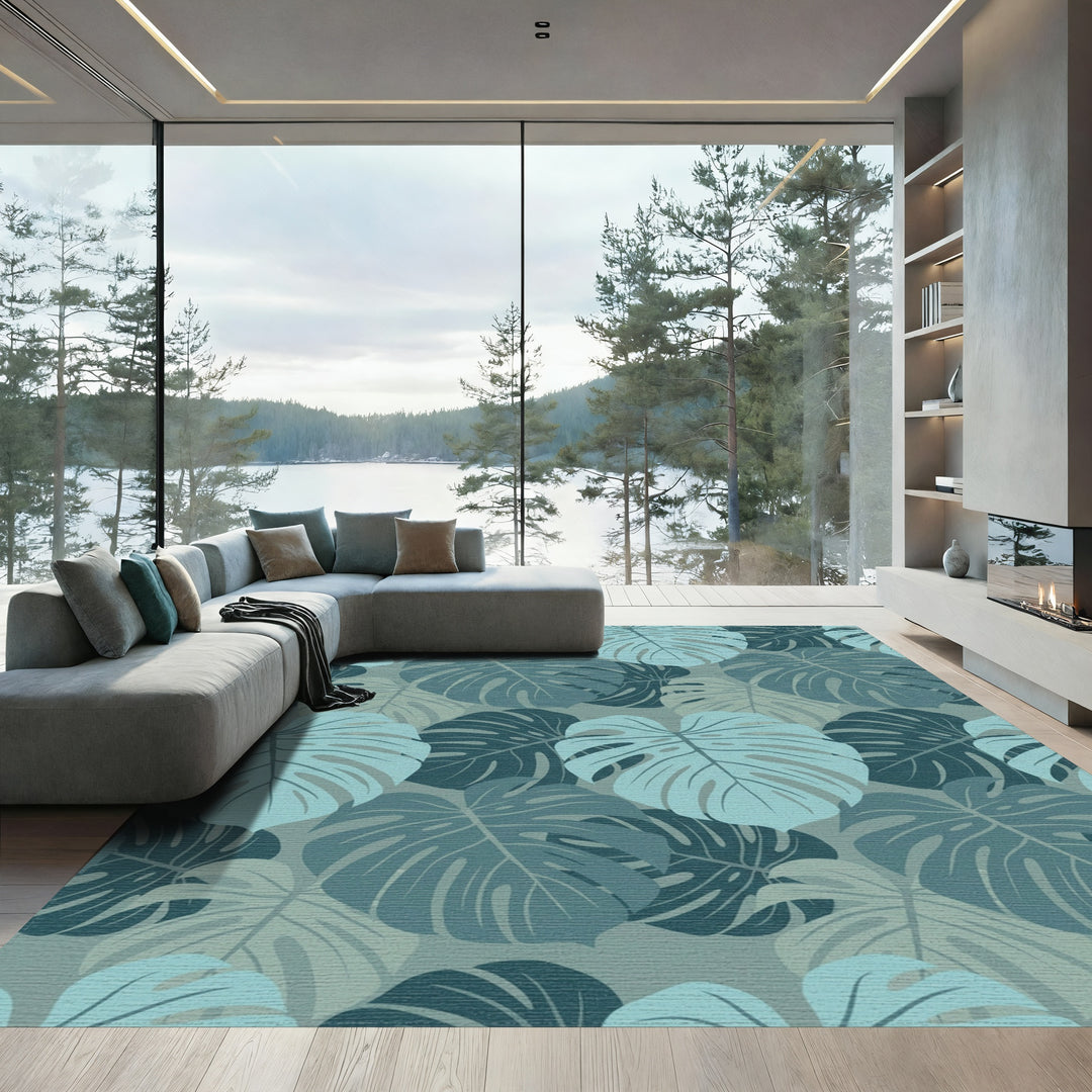 Monstera Leaf Tropical Teal Collage Rug