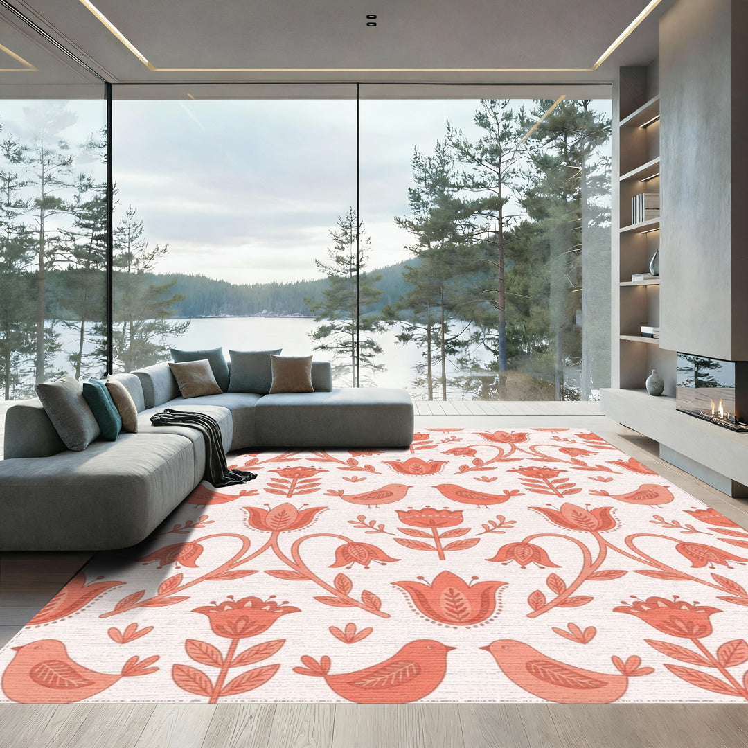 Coral Folk Floral Bird Garden Rug