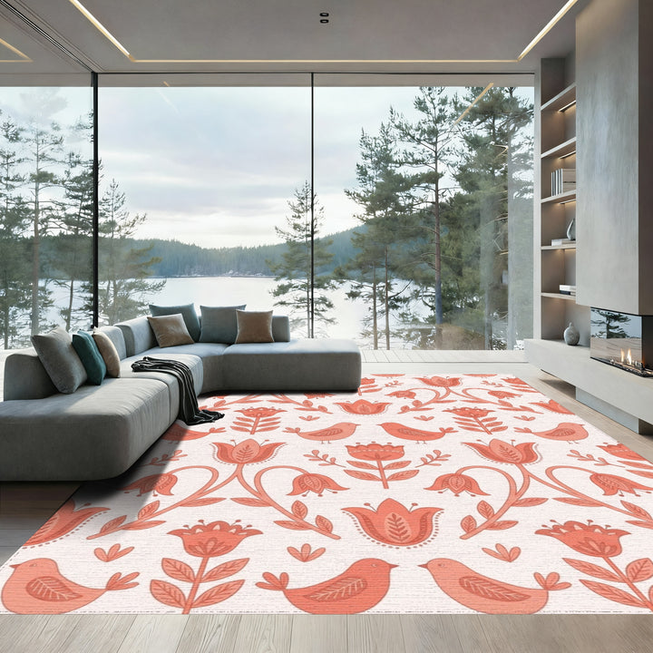 Coral Folk Floral Bird Garden Rug